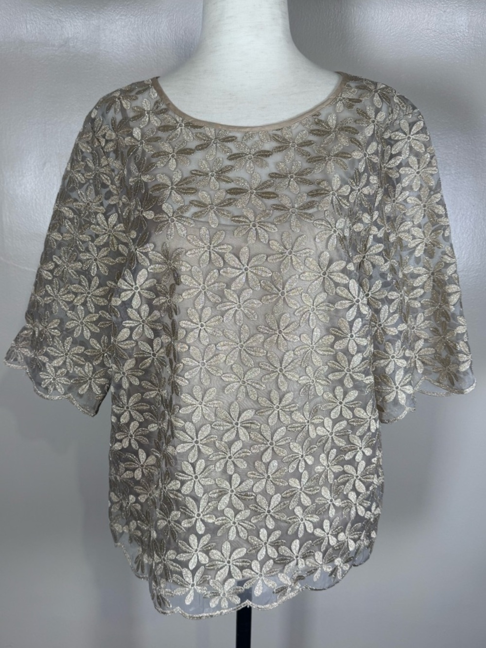 Boden Organza Gold Shimmer Metallic Embroidered Short Sleeve 2 Piece Top Sz 10